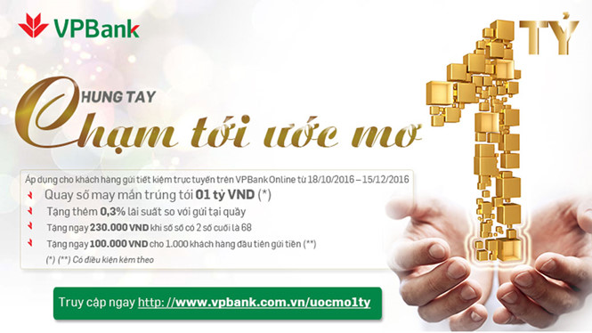 Gửi tiết kiệm online tại VPBank trúng 1 tỉ đồng